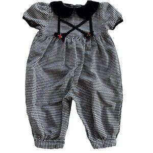 Vintage Youngland Romper Black & White Gingham Size 6-9 M Velvet Accents & Roses